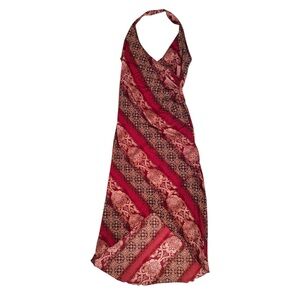 Opera Vintage Red Paisley Print Halter Wrap Asymmetrical Midi Dress